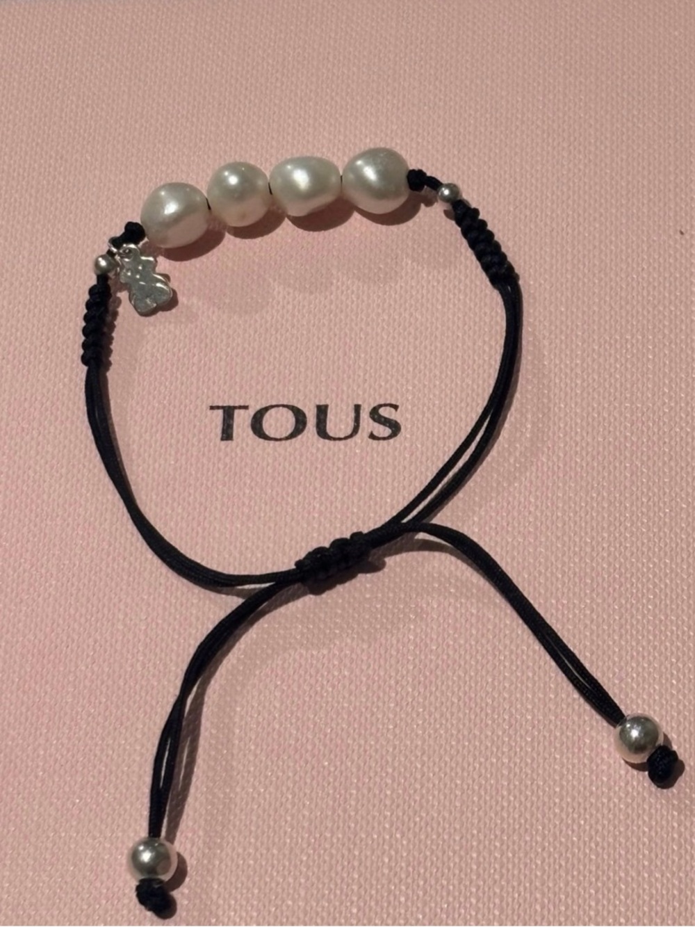 TOUS Black Cord Bracelet with White Pearls